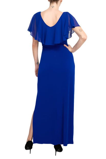 Connected Apparel V-neck Flutter Chiffon Sleeve Solid Column Matte Jersey Gown - Wholesale  - DEEP COBALT - Back view