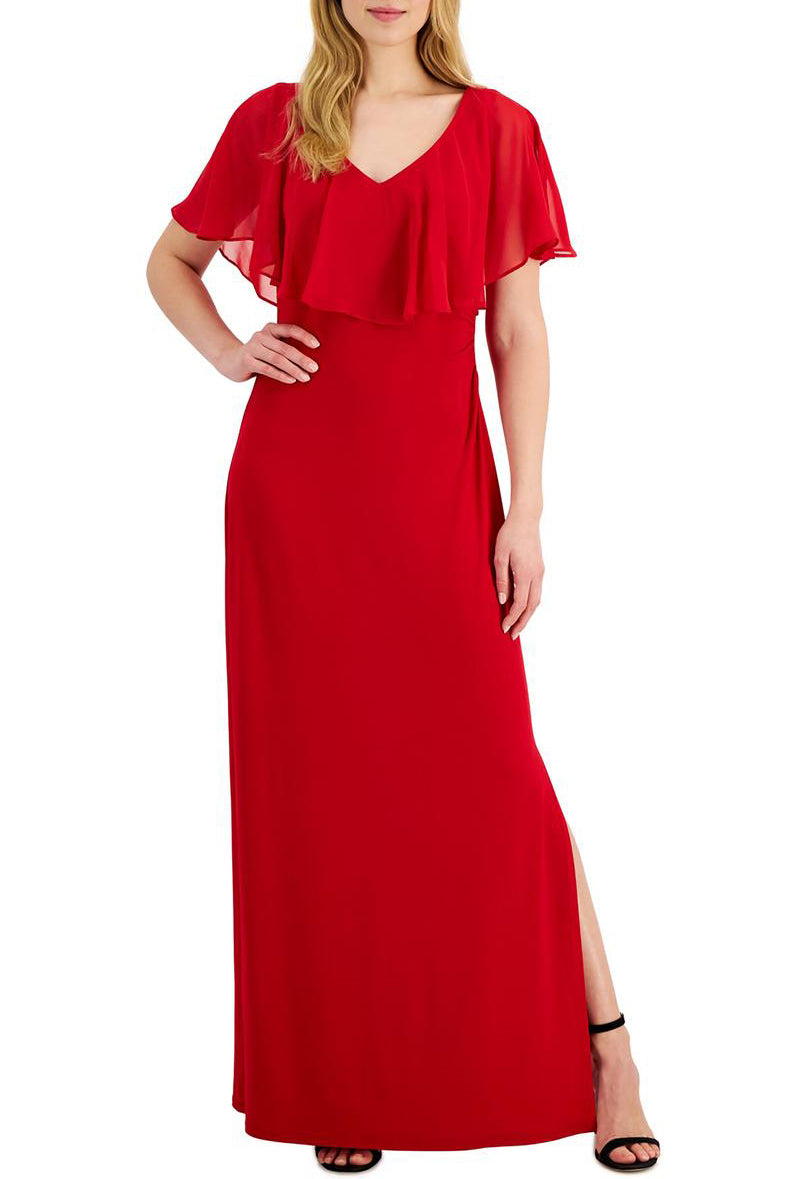 Connected Apparel V-neck Flutter Chiffon Sleeve Solid Column Matte Jersey Gown - Wholesale - APPLE RED - Front full view