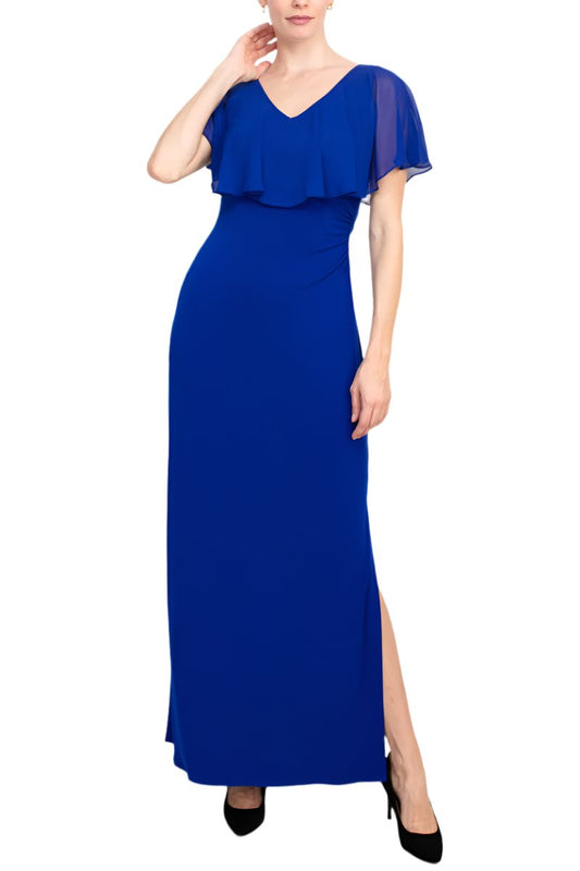 Connected Apparel V-neck Flutter Chiffon Sleeve Solid Column Matte Jersey Gown - Wholesale  - DEEP COBALT - Front full view