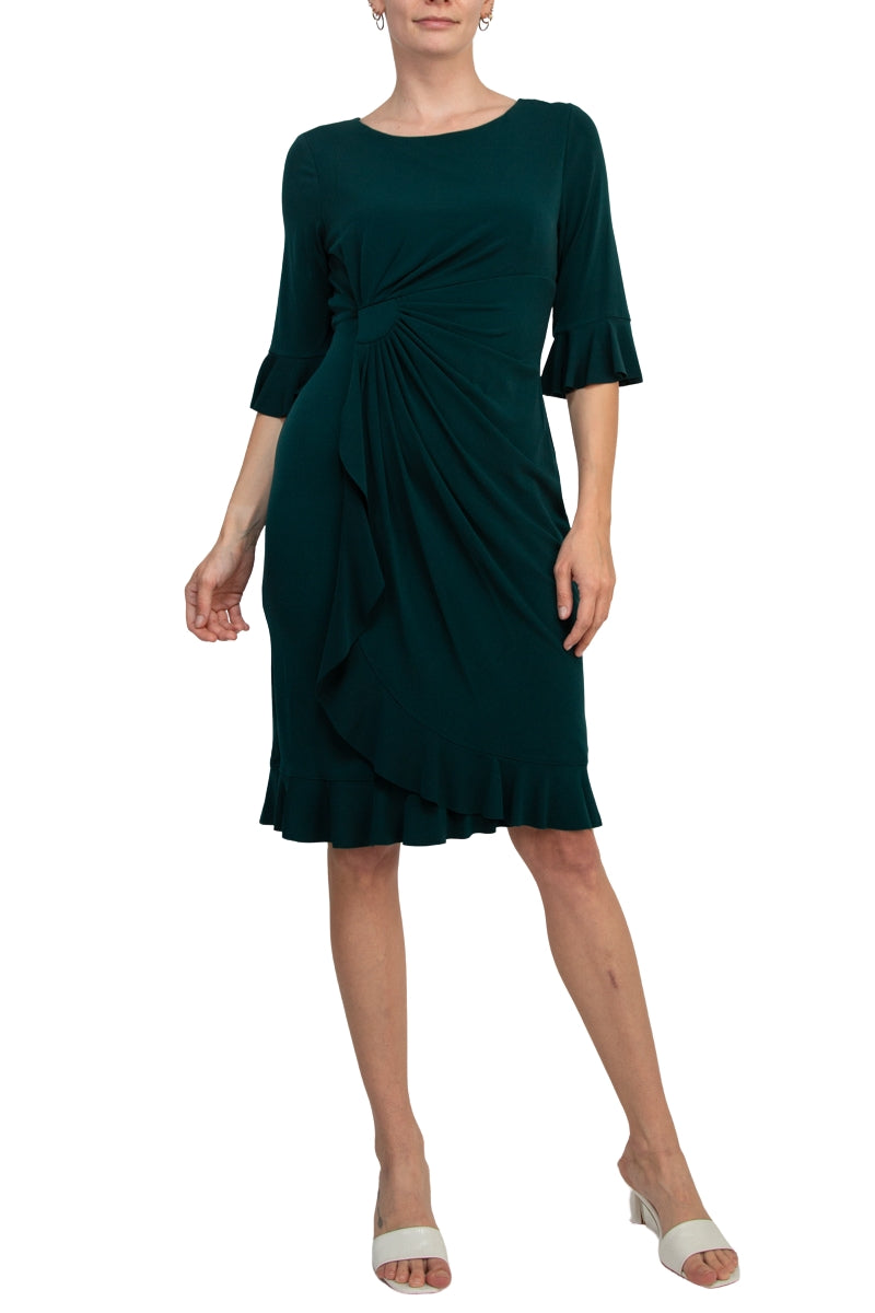 Connected Apparel 3/4 Bell Sleeve Sheath Dress - HUNTER - Full Front View