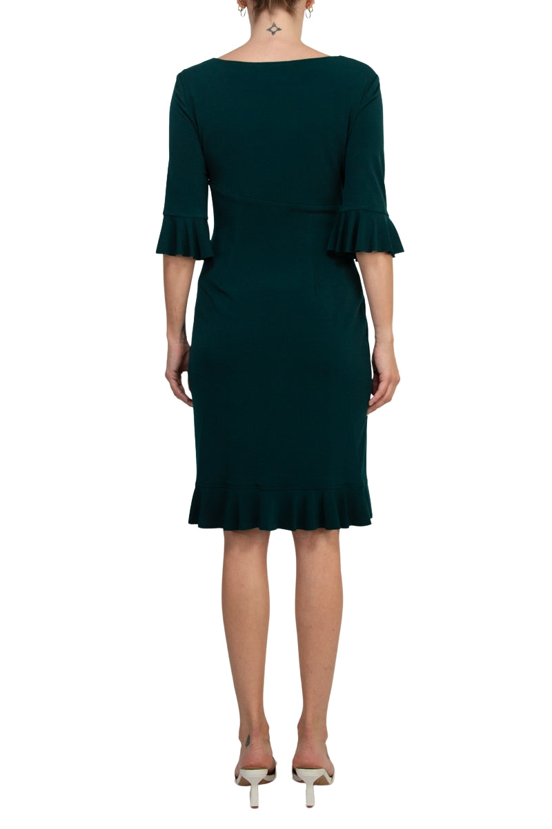 Connected Apparel 3/4 Bell Sleeve Sheath Dress - HUNTER - Back