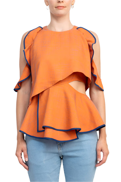 WHY Dress Crew Neck Ruffled Sleeveless Zipper Back Piping Detail Popover Crepe Top