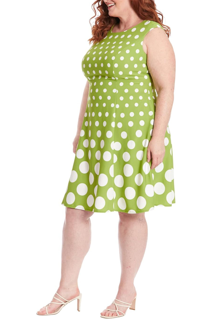 London Times Crew Neck  Cap Sleeve Box Pleated Polka Dot Print Jersey Dress - GREEN WHITE - SIDE VIEW