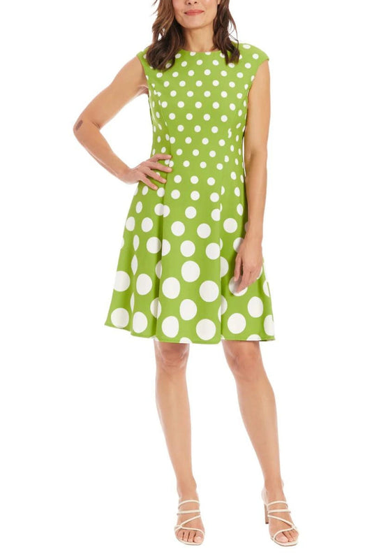 Cocktail Dresses Crew Neck Knee-Length Jersey Casual Fit and Flare Dress with Cap Sleeves and Pleated Skirt Green White