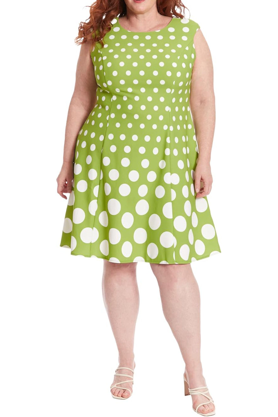 London Times Crew Neck  Cap Sleeve Box Pleated Polka Dot Print Jersey Dress - GREEN WHITE - FRONT FULL VIEW