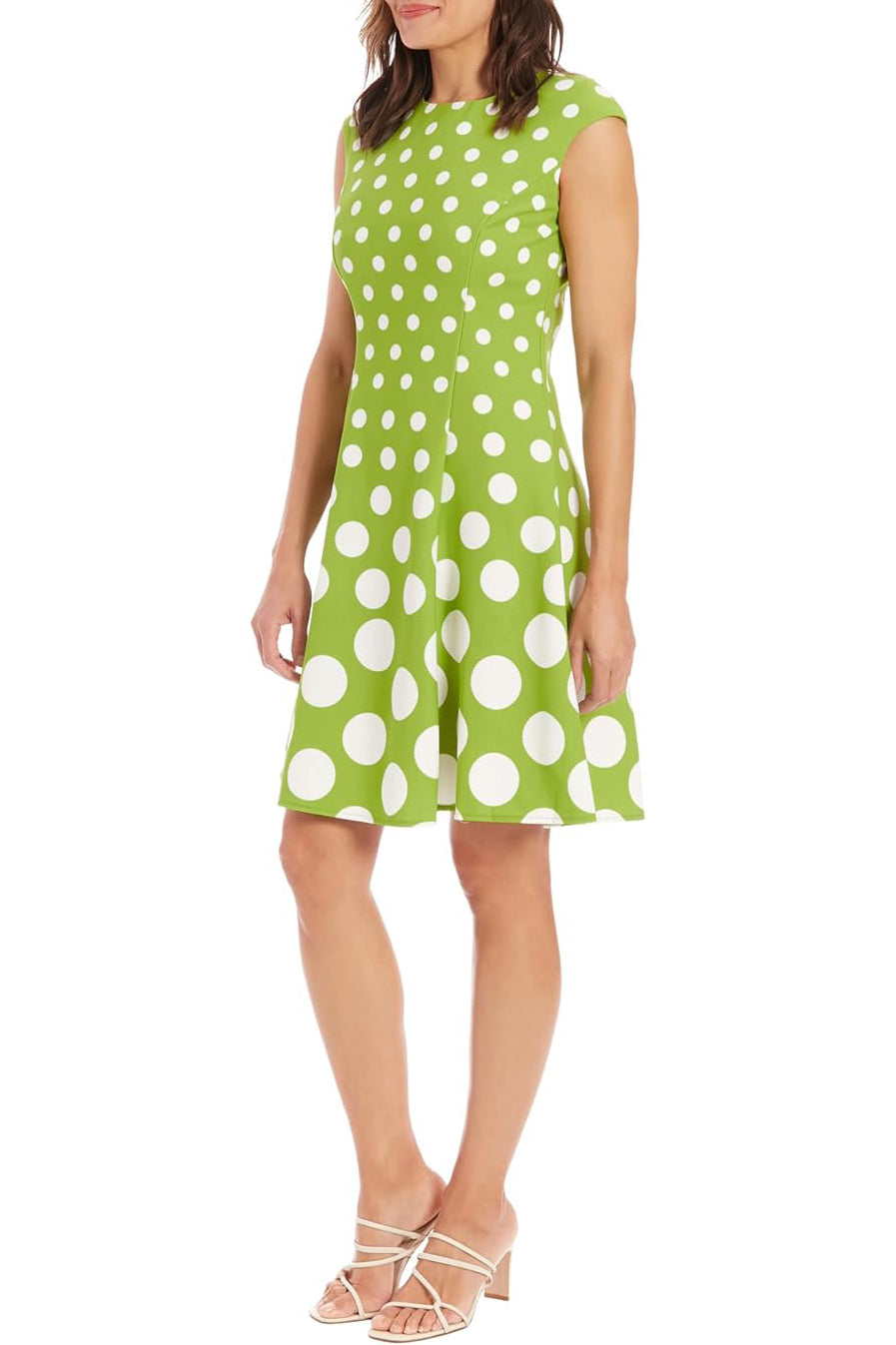 London Times Crew Neck  Cap Sleeve Box Pleated Polka Dot Print Jersey Dress - GREEN WHITE - Side