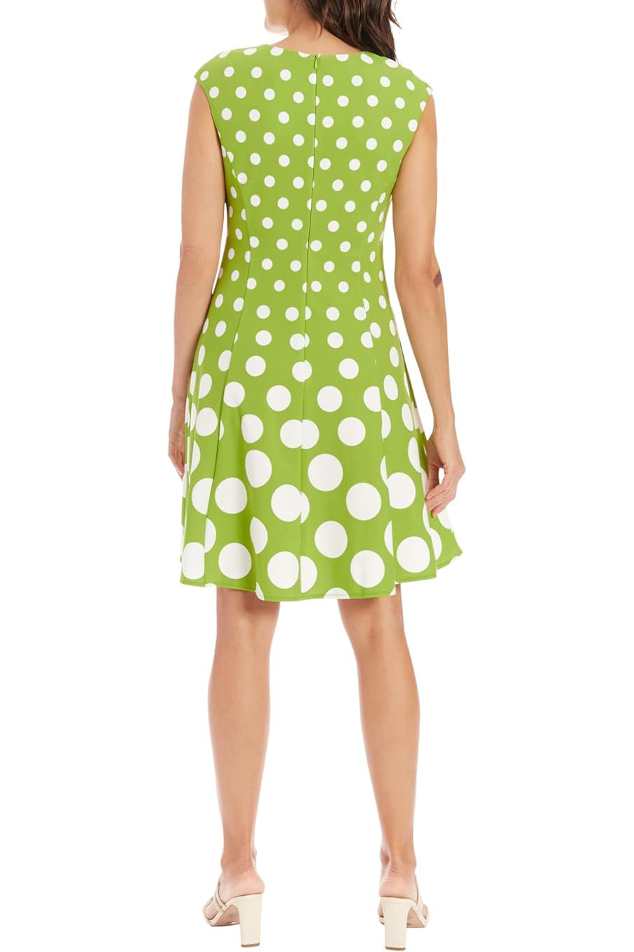 London Times Crew Neck  Cap Sleeve Box Pleated Polka Dot Print Jersey Dress - GREEN WHITE - Back 