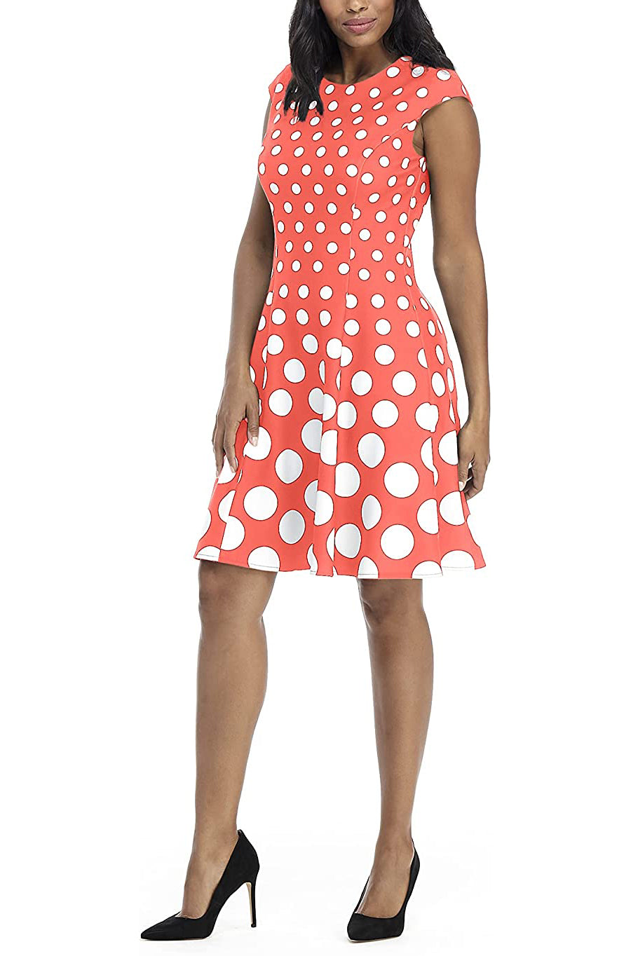 London Times Crew Neck Cap Sleeve Box Pleated Polka Dot Print Jersey Dress - CORAL WHITE - Front 