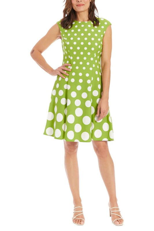 London Times Crew Neck Cap Sleeve Box Pleated Polka Dot Print Jersey Dress - GREEN WHITE - Front 