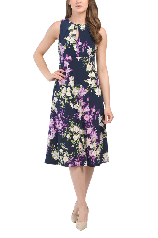 London Times Pleat Keyhole Neck Sleeveless Floral Print Zipper Jersey Dress - NAVY PURPLE - front