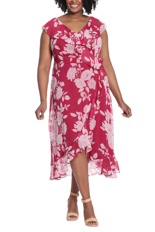 London Times Ruffled Wrap Bodice Sleeveless Flowing Maxi Skirt Dress (Plus Size)
