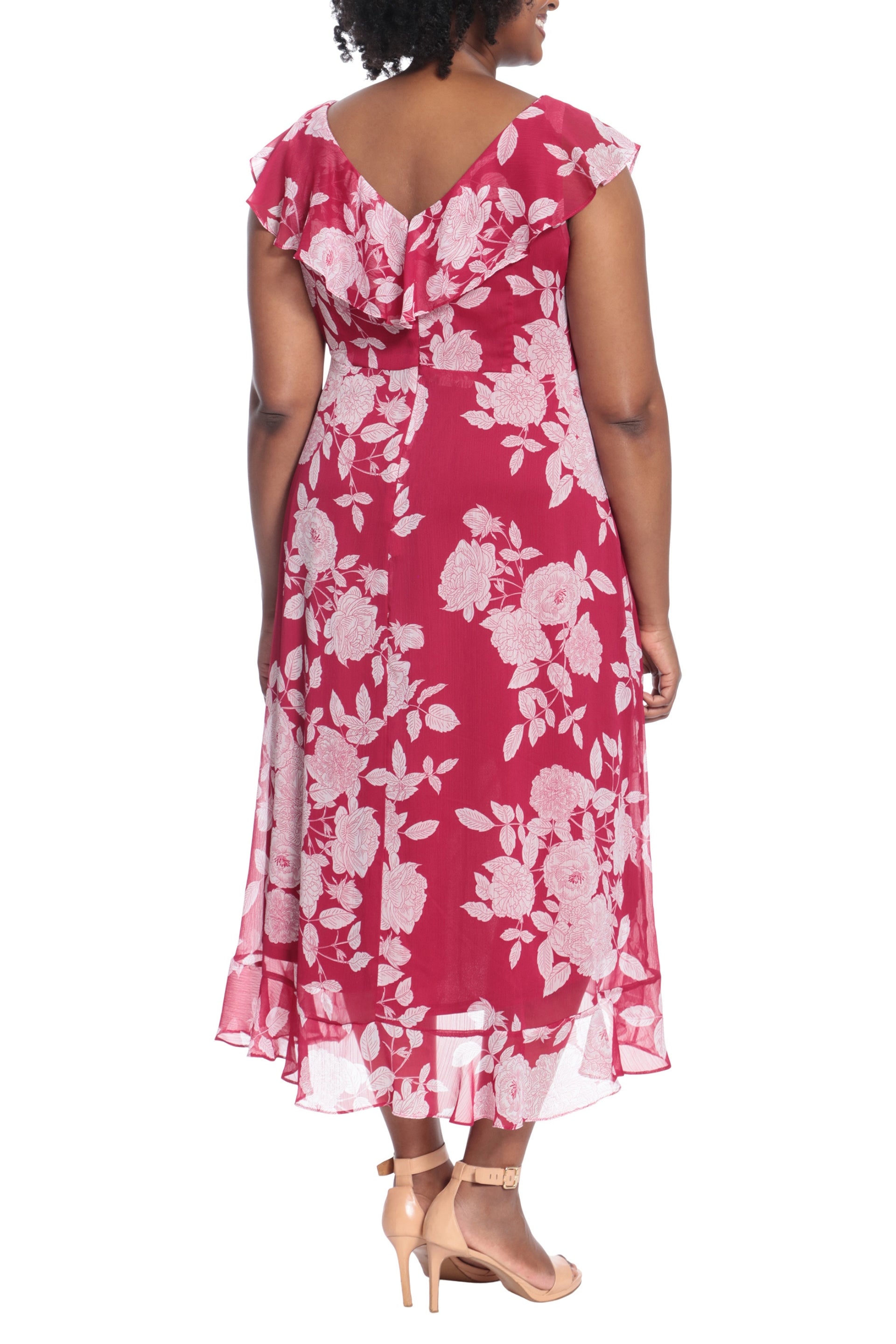 London Times Ruffled Wrap Bodice short sleeve Flowing Maxi Skirt Dress (Plus Size) - RED WHITE - BACK