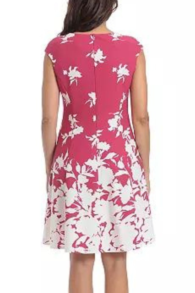 London Times Crew Neck Sleeveless Zipper Back Floral Print Stretch Crepe Dress - CHERRY IVORY - Back 