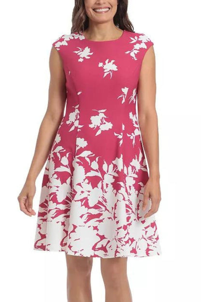 London Times Crew Neck Sleeveless Zipper Back Floral Print Stretch Crepe Dress - CHERRY IVORY - Front