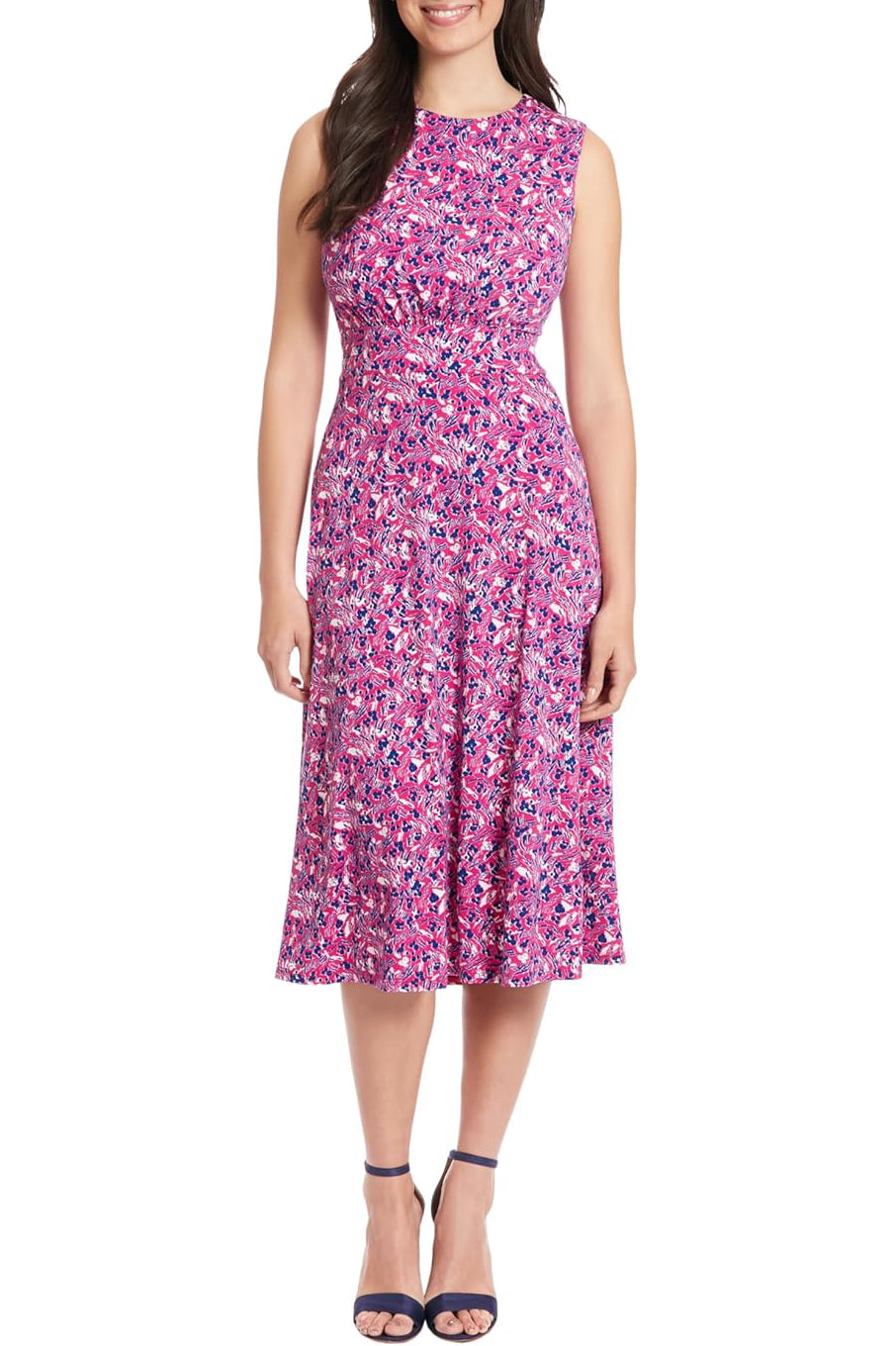 London Times Crew Neck Sleeveless Ruched Front Multi Print Zipper Back Banded Waist Fit & Flare Matte Jersey Dress - BERRY WHITE - Front 