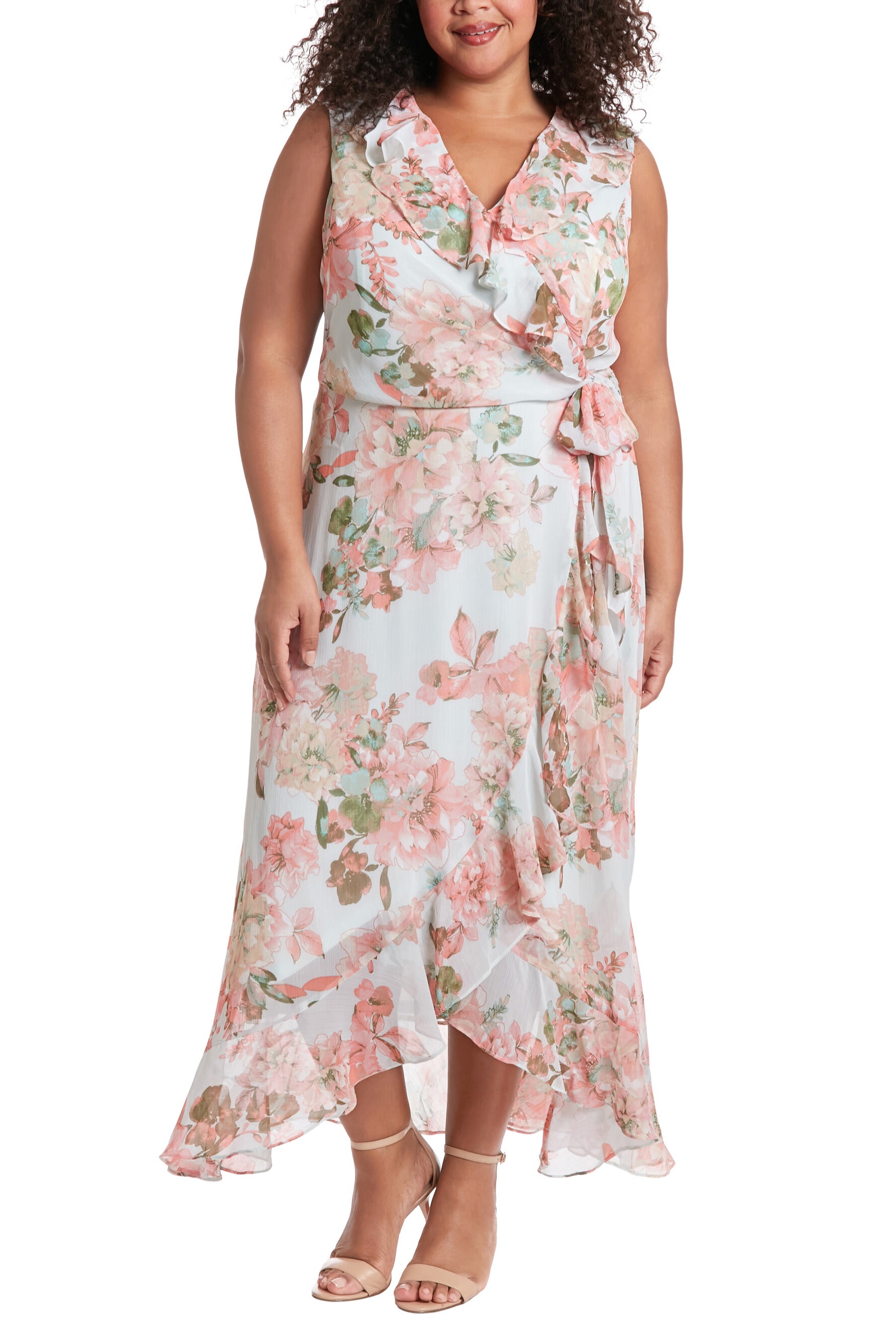 London Times V-Neck Sleeveless Waist Sash Tie Floral Design Ruffle Wrap Midi Dress (Plus Size) - AQUA CORAL - Front
