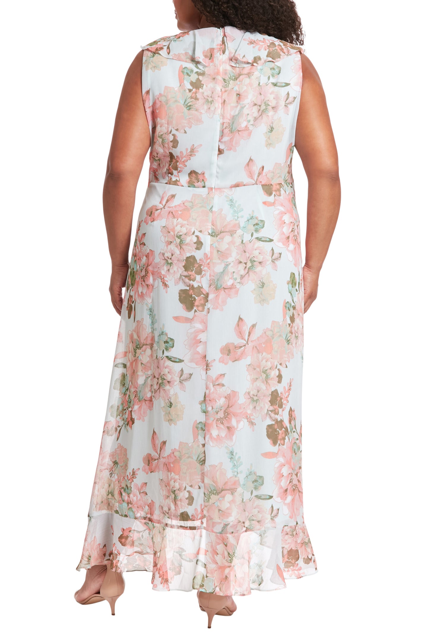 London Times V-Neck Sleeveless Waist Sash Tie Floral Design Ruffle Wrap Midi Dress (Plus Size) - AQUA CORAL - Back