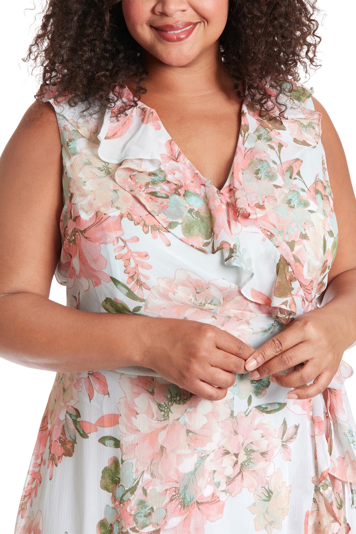 London Times V-Neck Sleeveless Waist Sash Tie Floral Design Ruffle Wrap Midi Dress (Plus Size) - AQUA CORAL - Fabric