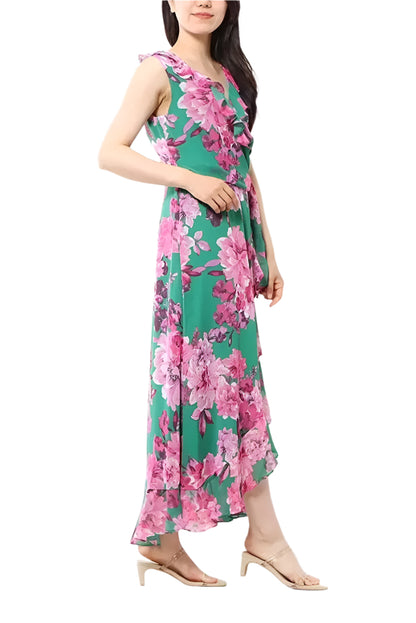 London Times V-Neck Sleeveless Waist Sash Tie Floral Design Ruffle Wrap Midi Dress (Plus Size)