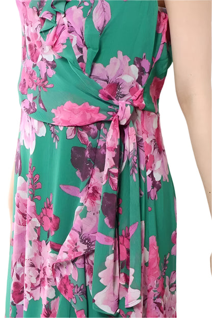 London Times V-Neck Sleeveless Waist Sash Tie Floral Design Ruffle Wrap Midi Dress (Plus Size)