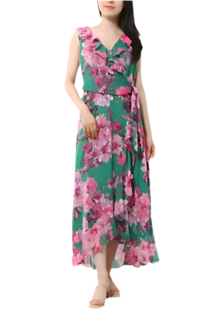 London Times V-Neck Sleeveless Waist Sash Tie Floral Design Ruffle Wrap Midi Dress (Plus Size)