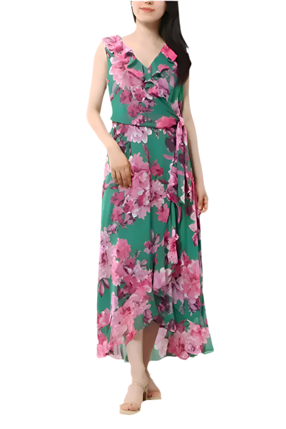 London Times V-Neck Sleeveless Waist Sash Tie Floral Design Ruffle Wrap Midi Dress (Plus Size)