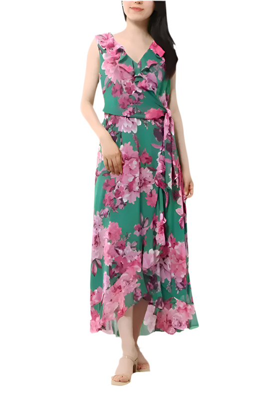 London Times V-Neck Sleeveless Waist Sash Tie Floral Design Ruffle Wrap Midi Dress (Plus Size)