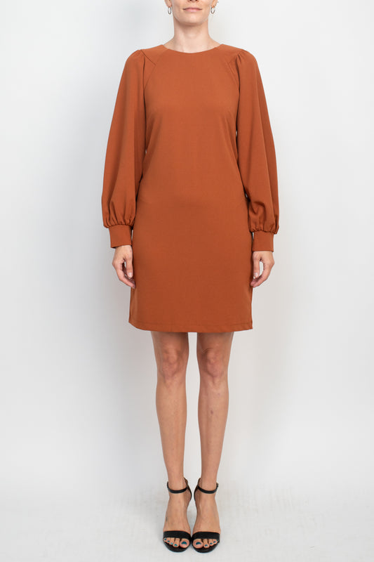 London Times Collared Crew Neck long Sleeve Banded Cuff’s Zipper Back Solid Shift Crepe Dress