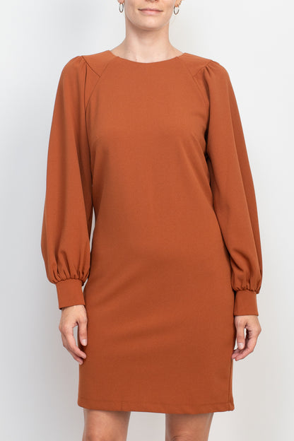 London Times Collared Crew Neck long Sleeve Banded Cuff’s Zipper Back Solid Shift Crepe Dress