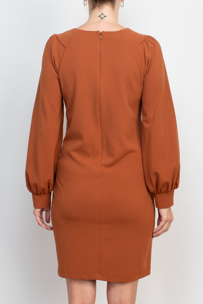 London Times Collared Crew Neck long Sleeve Banded Cuff’s Zipper Back Solid Shift Crepe Dress