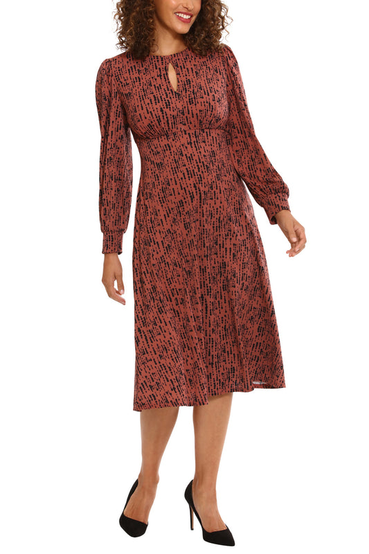 London Times Crew Neck Keyhole Front Long Sleeve A-line Multi Print Matte Jersey Midi Dress - BROWN BLACK - FRONT 
