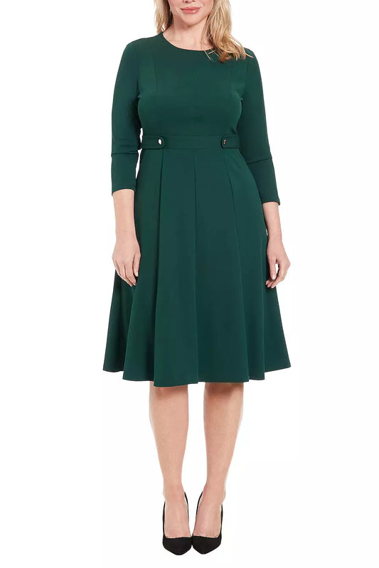 London Times 3/4 Sleeve Seamed Side Tab Fit & Flare Midi Dress - EMERALD - FRONT 