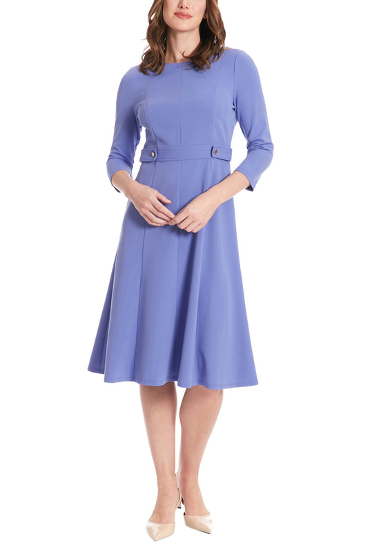 London Times 3/4 Sleeve Seamed Side Tab Fit & Flare Midi Dress - PERIWINKLE - FRONT 