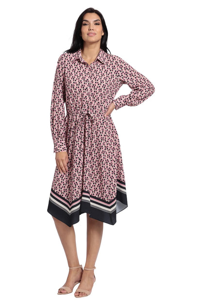 London Times Collared Neck Long Sleeve Empire Waist Tiered Paisley Print Chiffon Dress - BLACK PINK - Front