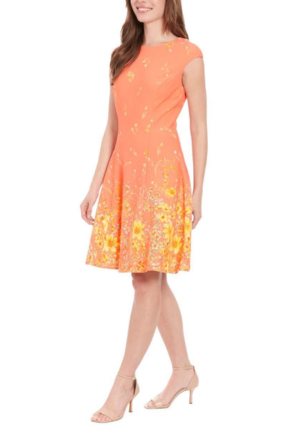 London Times Crew Neck Zipper Back Floral Print Fit & Flare Scuba Dress - PEACH SUN - SIDE