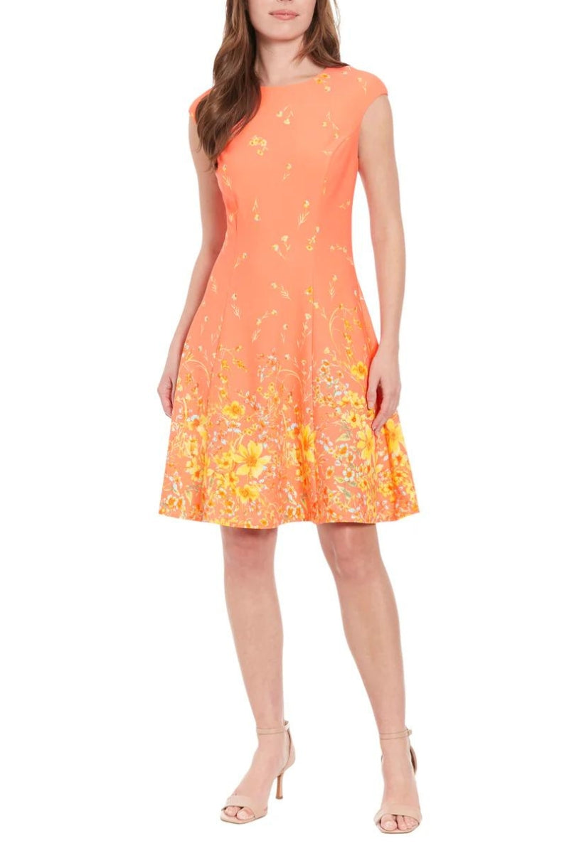 London Times Crew Neck Zipper Back Floral Print Fit & Flare Scuba Dress - PEACH SUN - FRONT 