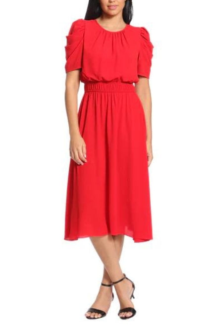 London Times Shirred Jewel Neck Puff Sleeve Midi Dress - RED - Front View