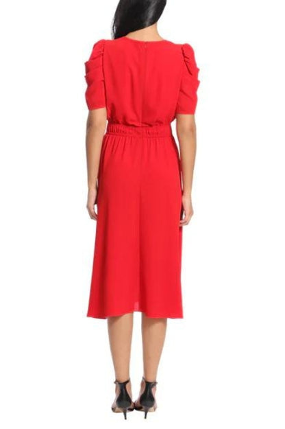 London Times Shirred Jewel Neck Puff Sleeve Midi Dress - RED - Back