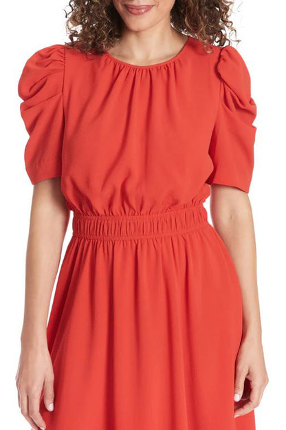 London Times Shirred Jewel Neck Puff Sleeve Midi Dress - RED - Fabric