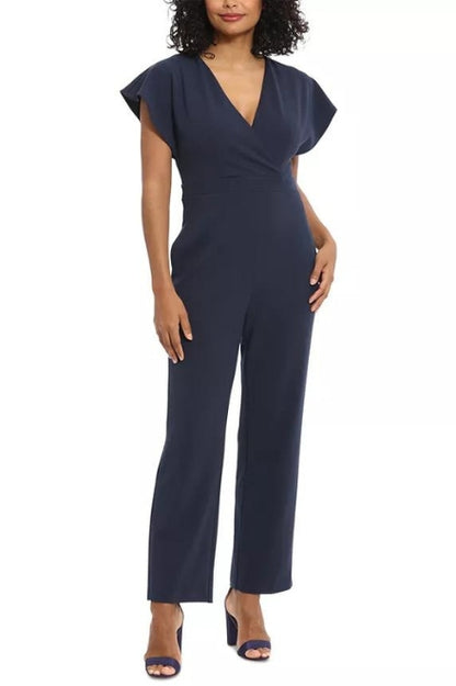 London Times Batwing V-Neck Side-Pocket Zipper Back Jumpsuit - NAVY - Side