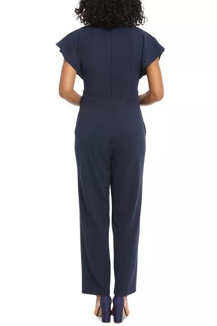 London Times Batwing V-Neck Side-Pocket Zipper Back Jumpsuit - NAVY - Back 