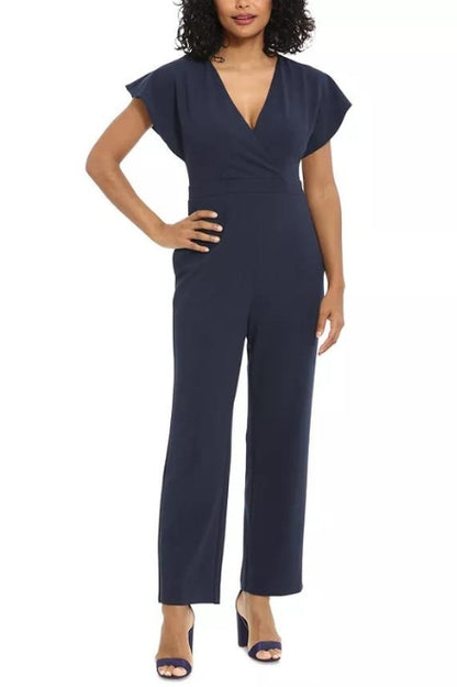 London Times Batwing V-Neck Side-Pocket Zipper Back Jumpsuit - NAVY - Front