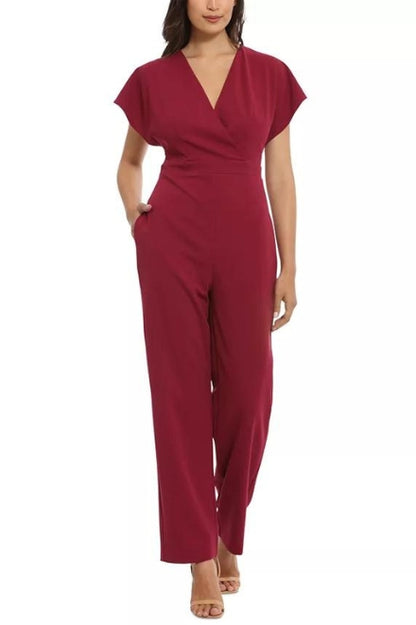 London Times Batwing V-Neck Side-Pocket Zipper Back Jumpsuit - PLUM - Front 