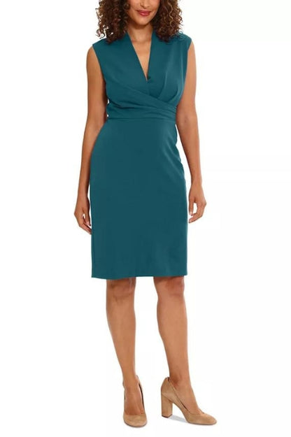 London Times Sleeveless V-Neck Sheath Dress - DEEP TEAL - FRONT