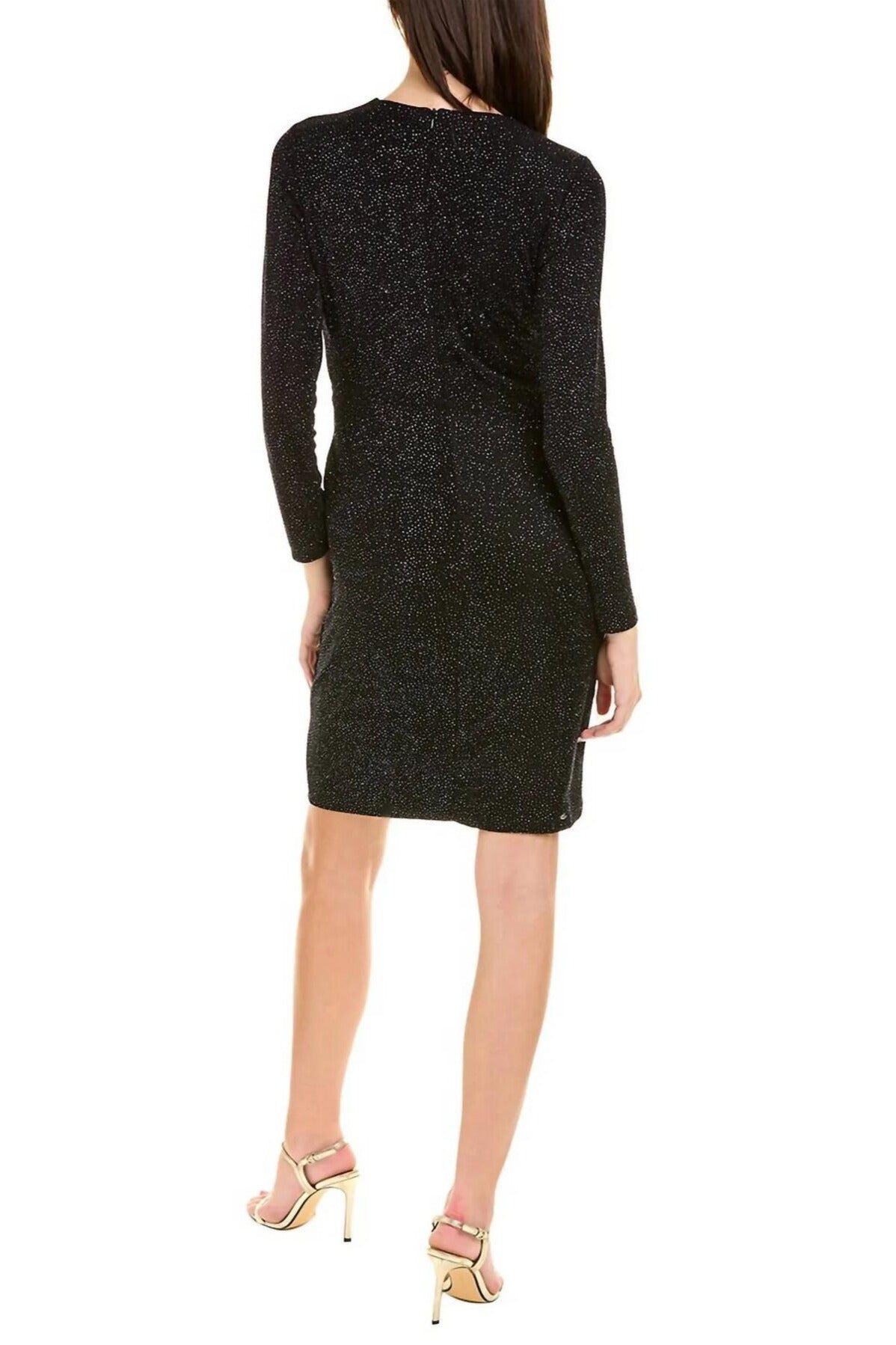 London Times Long Sleeve Shirred Surplice Side Flounce Dress - BLACK - BACK 