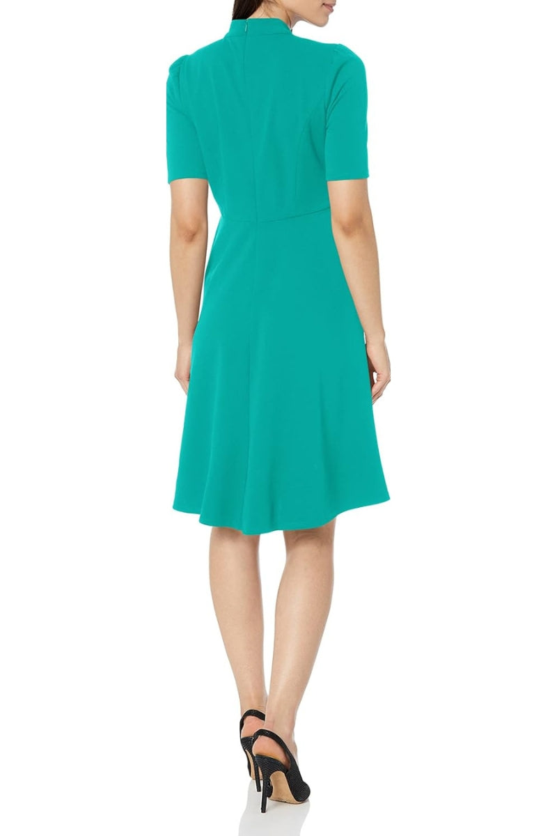 London Times Keyhole Puff Sleeve Polished Chic Flounce Hem Dress - EMERALD - BACK 