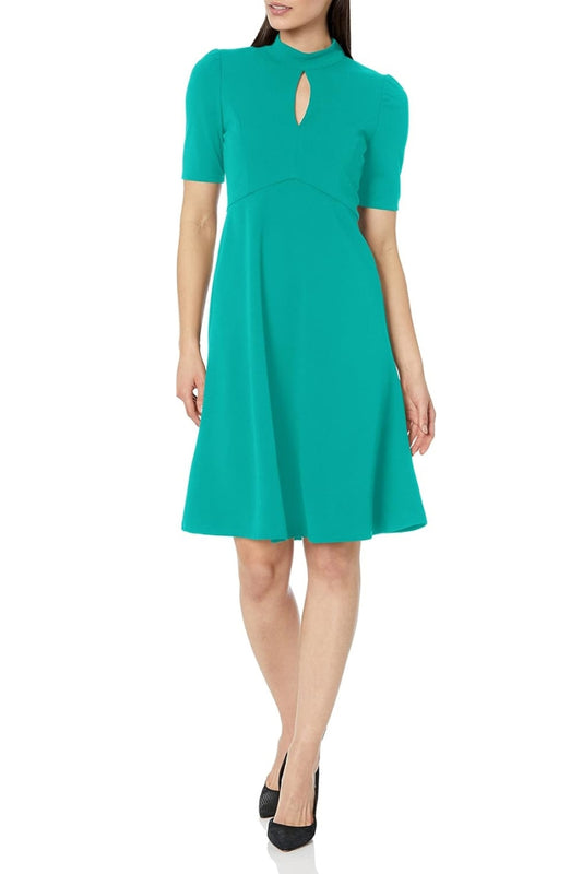 London Times Keyhole Puff Sleeve Polished Chic Flounce Hem Dress - EMERALD - FRONT 