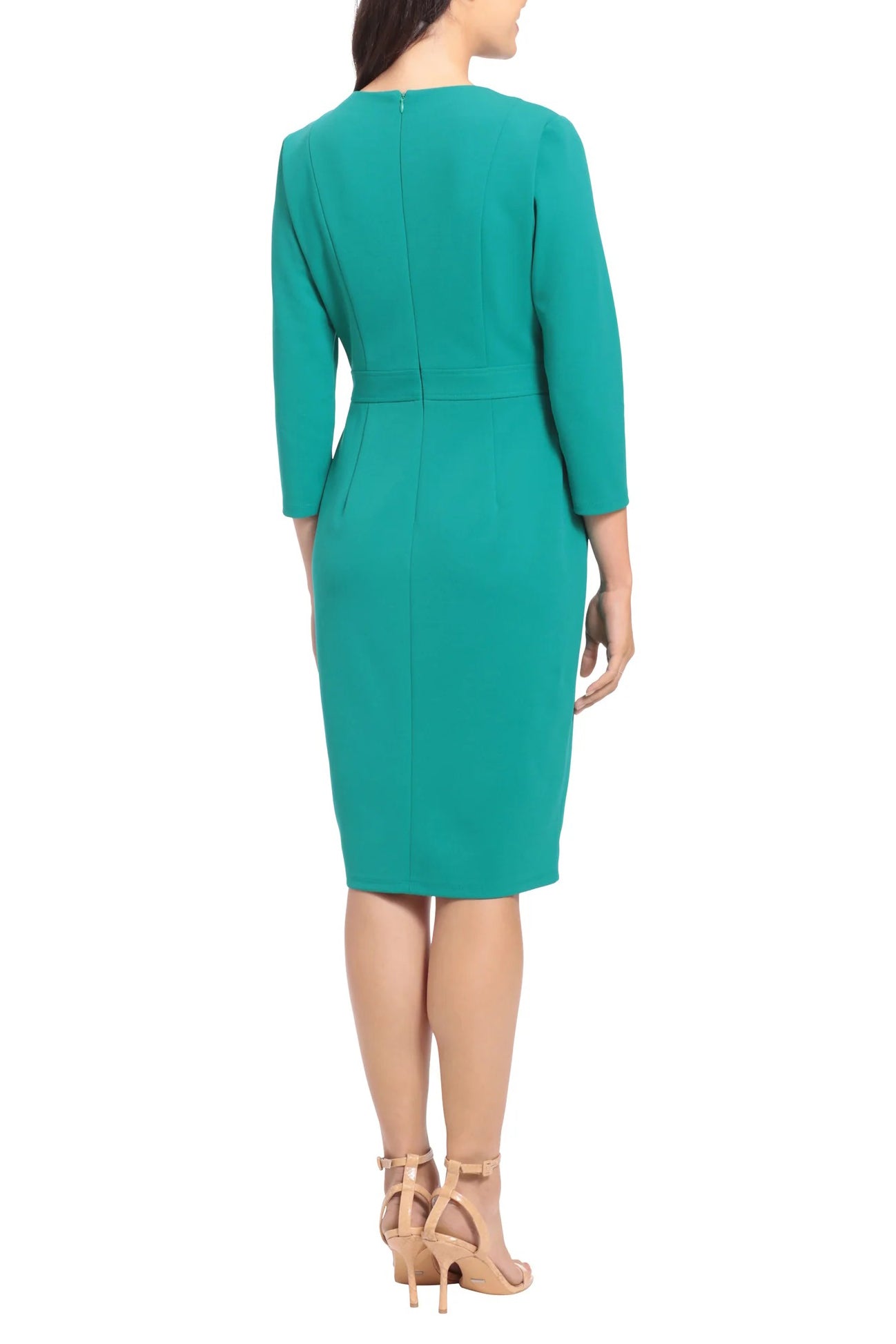 London Times Crew Neck 3/4 Sleeve Bodycon Button Adorned Waist Band Solid Scuba Crepe Dress - EMERALD - BACK 