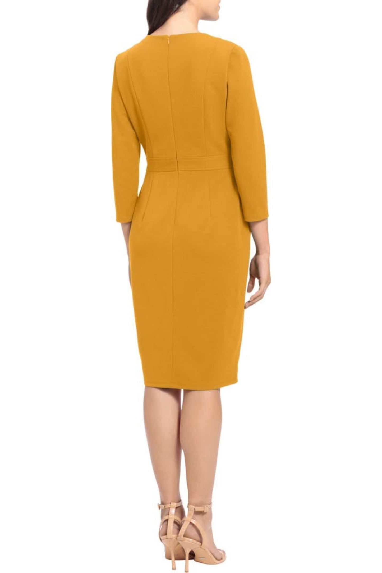 London Times Crew Neck 3/4 Sleeve Bodycon Button Adorned Waist Band Solid Scuba Crepe Dress - MUSTARD - Back 