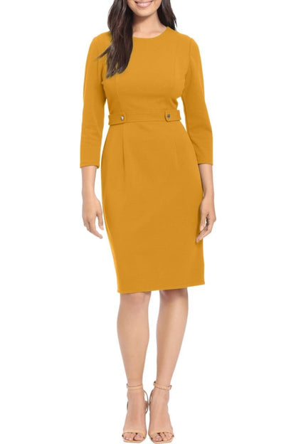 London Times Crew Neck 3/4 Sleeve Bodycon Button Adorned Waist Band Solid Scuba Crepe Dress - MUSTARD - Front 